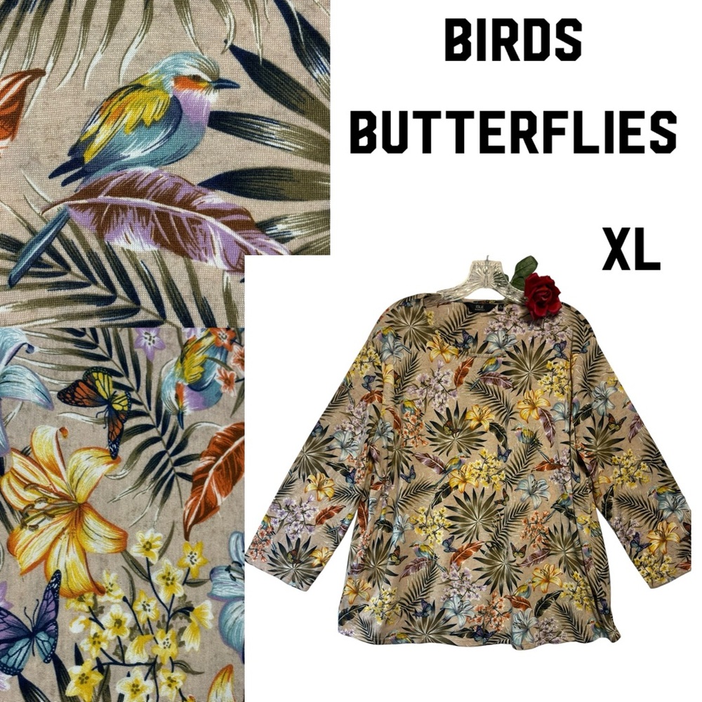 ISLE ESSENTIALS Tropical Top XL Birds Butterflies Floral Scoop Neck 3/4 …